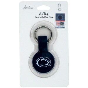 navy silicone air tag case with Penn State Athletic Logo and key ring